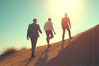 Una persona guiando a un equipo por un camino ascendente, representando el desarrollo de liderazgo.