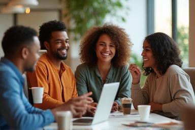 Un grupo de empleados sonrientes y colaborando, reflejando el engagement y la cultura corporativa.